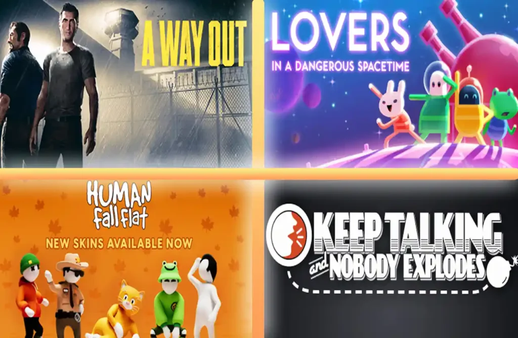 Collage of games including A Way Out, Lovers in a Dangerous Spacetime, Human Fall Flat, and Keep Talking and Nobody Explodes.