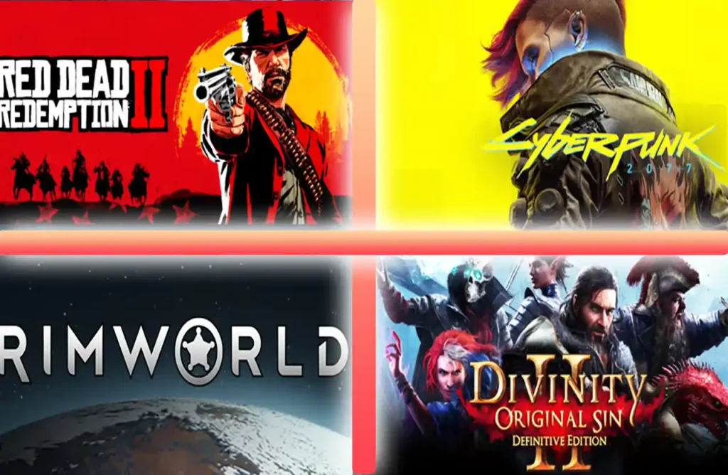 Covers for Red Dead Redemption II, Cyberpunk 2077, RimWorld, Divinity: Original Sin II.