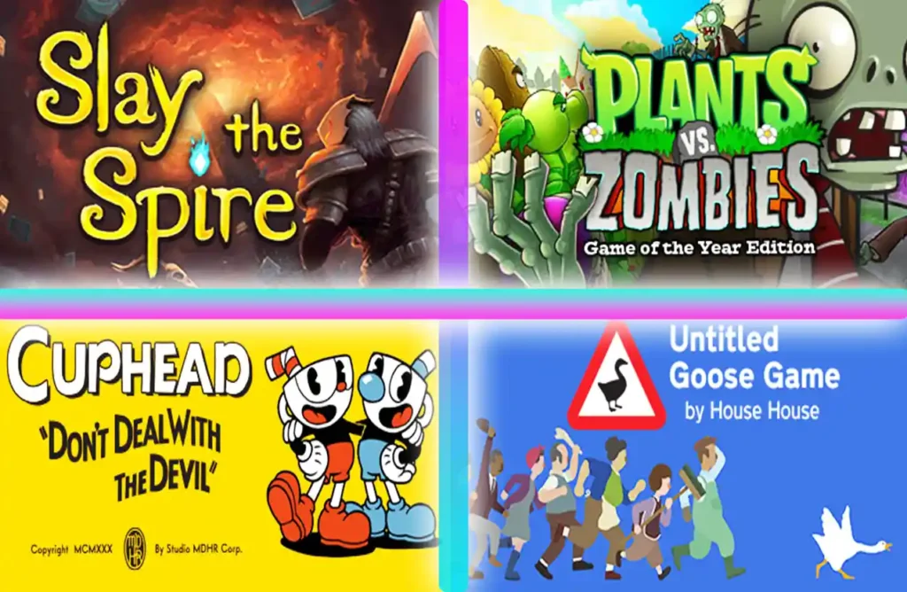  A set of four Steam games featuring Slay the Spire, Plants vs Zombies, Cuphead, and Untitled Goose Game.