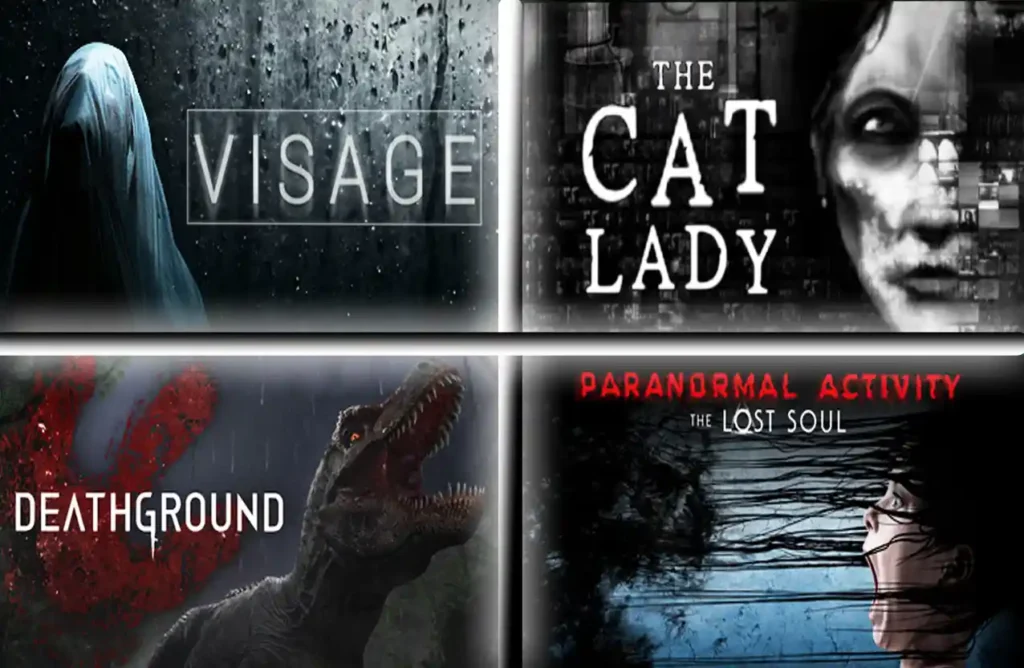 Collage featuring Visage, The Cat Lady, Deathground, and Paranormal Activity: The Lost Soul covers.