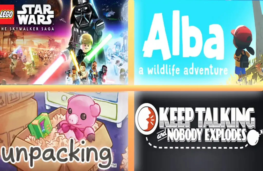 Lego Star Wars The Skywalker Saga, Alba: A Wildlife Adventure, Unpacking, and Keep Talking and Nobody Explodes covers.