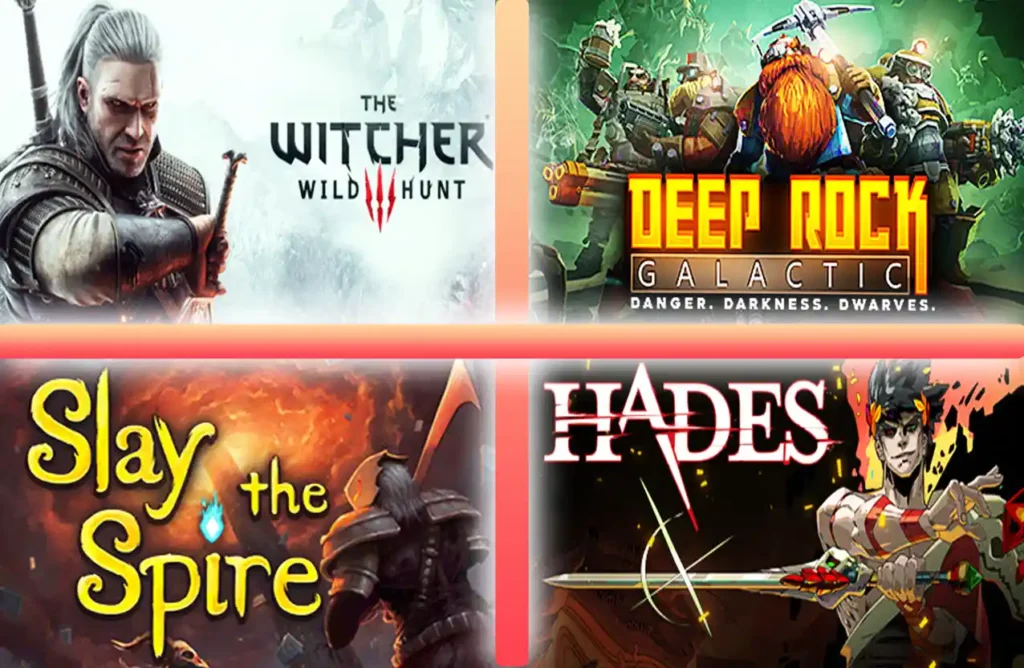 Artwork for The Witcher 3, Deep Rock Galactic, Slay the Spire, Hades.