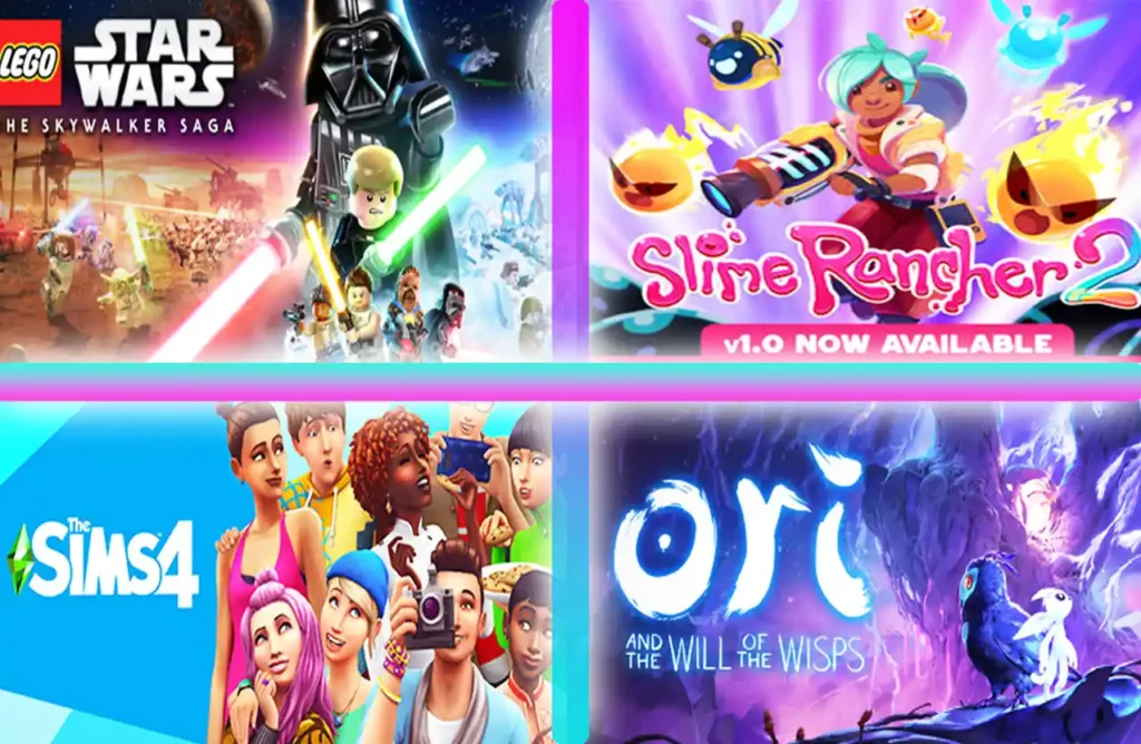 Four popular Steam games including LEGO Star Wars, Slime Rancher 2, Sims 4, and Ori and the Will of the Wisps.
