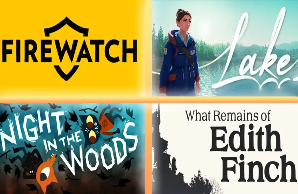 Covers of Firewatch, Lake, Night in the Woods, What Remains of Edith Finch.