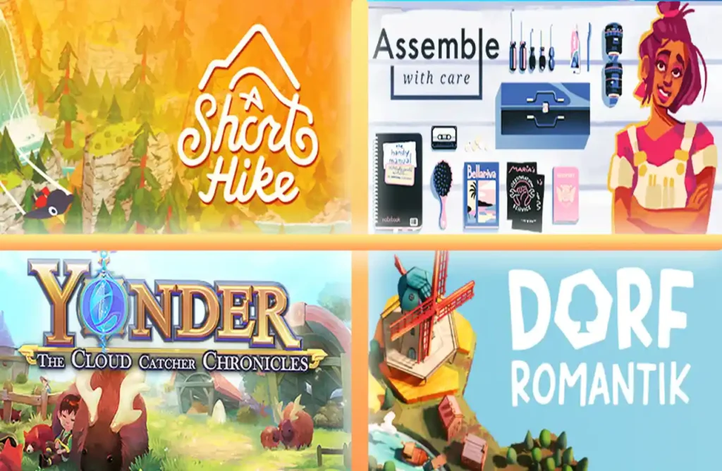 Covers for A Short Hike, Assemble With Care, Yonder: The Cloud Catcher Chronicles, and Dorfromantik.