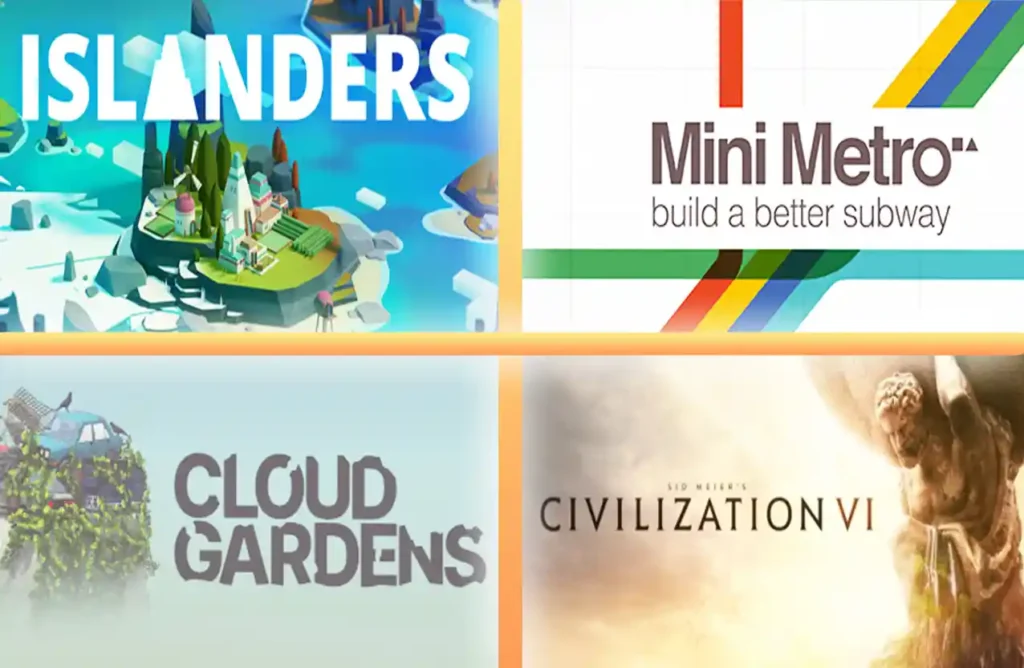 Islanders, Mini Metro, Cloud Gardens, Civilization VI covers.