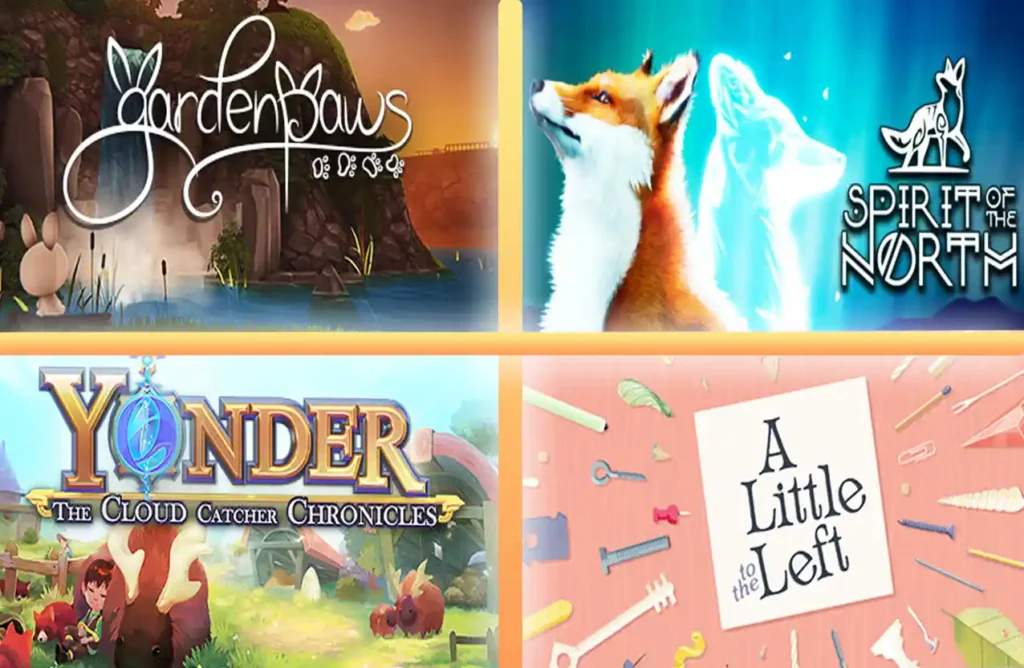 Game covers for Garden Paws, Spirit of the North, Yonder: The Cloud Catcher Chronicles, and A Little to the Left.