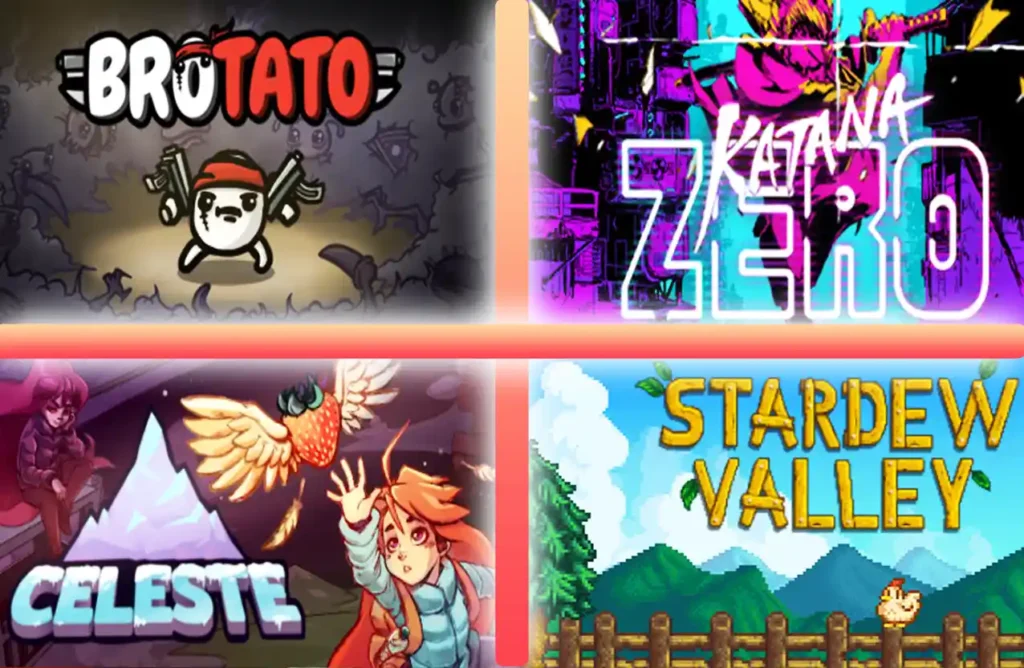 Covers for Brotato, Katana Zero, Celeste, Stardew Valley.