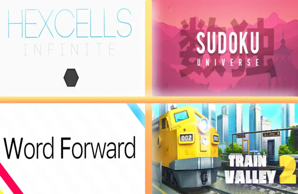 Hexcells Infinite, Sudoku Universe, Word Forward, Train Valley 2 covers.