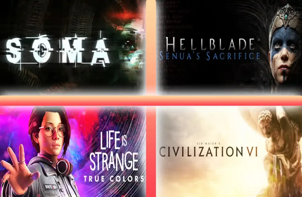 Covers for SOMA, Hellblade: Senua’s Sacrifice, Life is Strange: True Colors, Civilization VI.