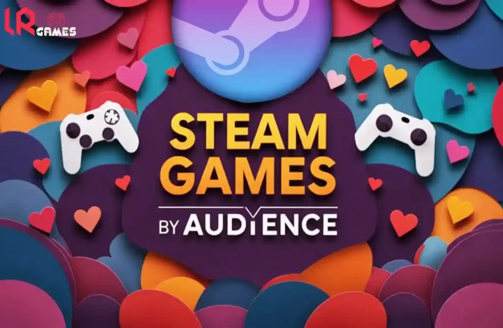 Vibrant layered paper-cut background with “Steam Games by Audience” title, game controllers, and colorful hearts.