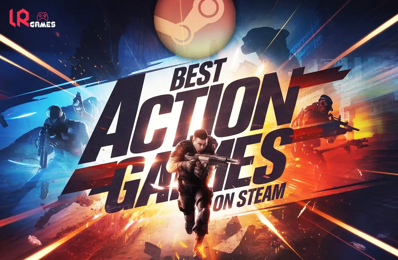 Promotional graphic featuring a Steam logo and large text reading "Best Action Games on Steam" set against a background of soldiers in combat.
