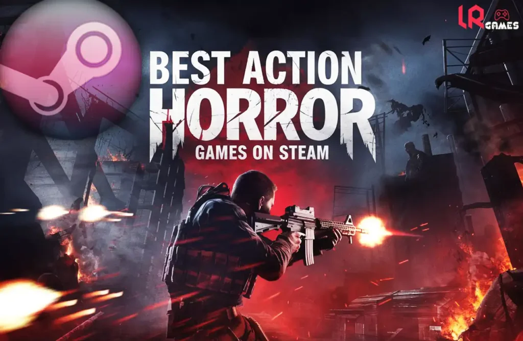 Promotional graphic featuring a soldier firing a rifle in a war zone with text overlay reading "Best Action Horror Games on Steam" and a Steam logo.