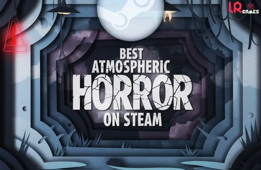 Layered paper-cut hallway with hanging lamps, creeping shadows, and large text “Best Atmospheric Horror on Steam” under a pale Steam moon