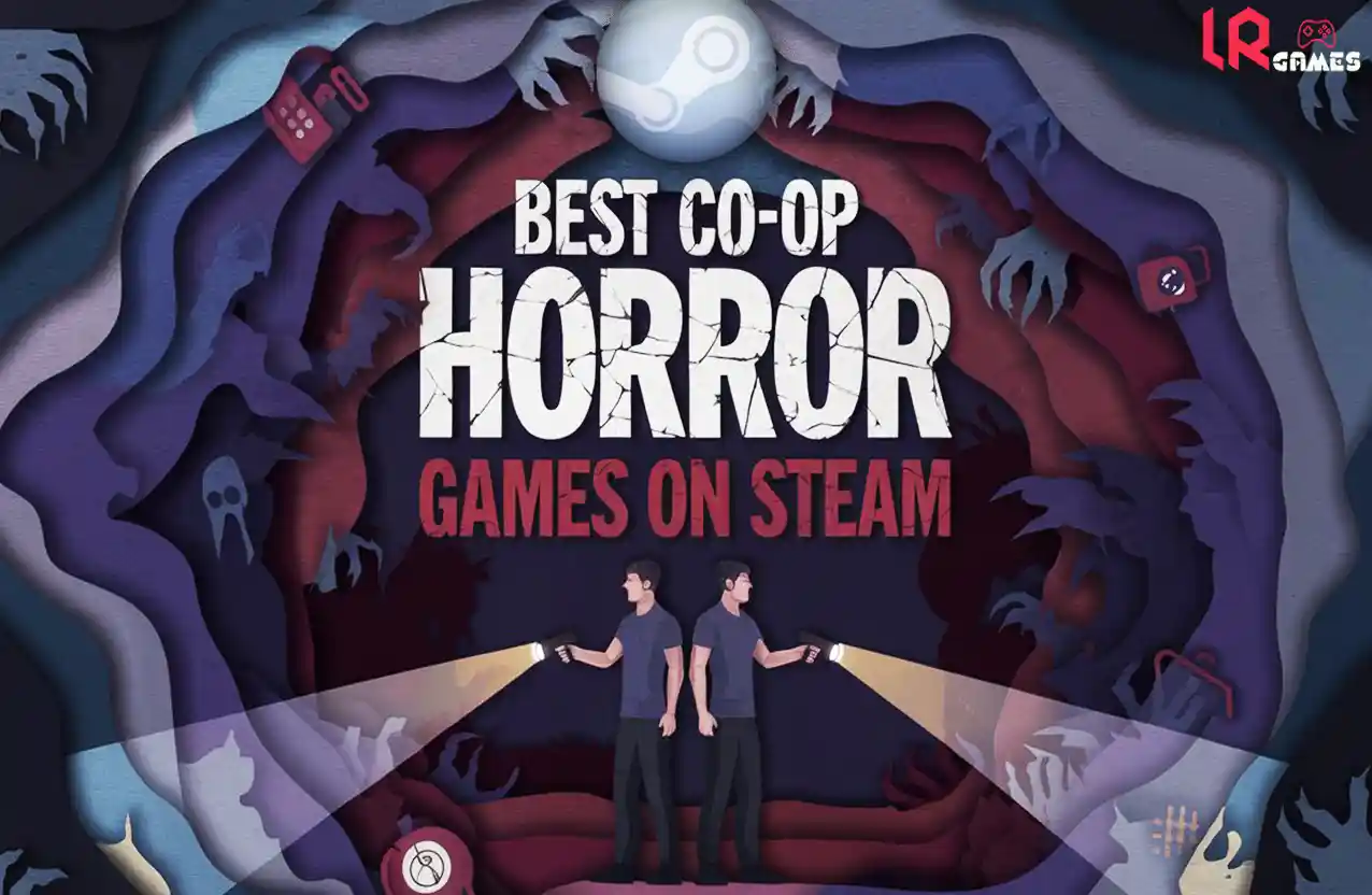 Layered paper-cut scene with two players holding flashlights and large text “Best Co‑op Horror Games on Steam” surrounded by grasping hands.