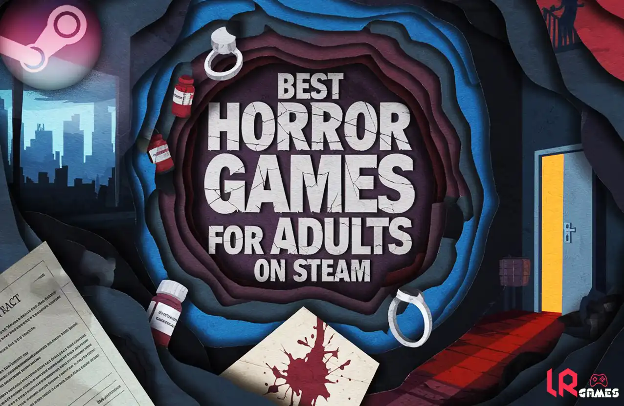 Layered paper-cut horror scene with large cracked text “Best Horror Games for Adults on Steam,” weapon silhouettes, ammo, and blood-red lighting.