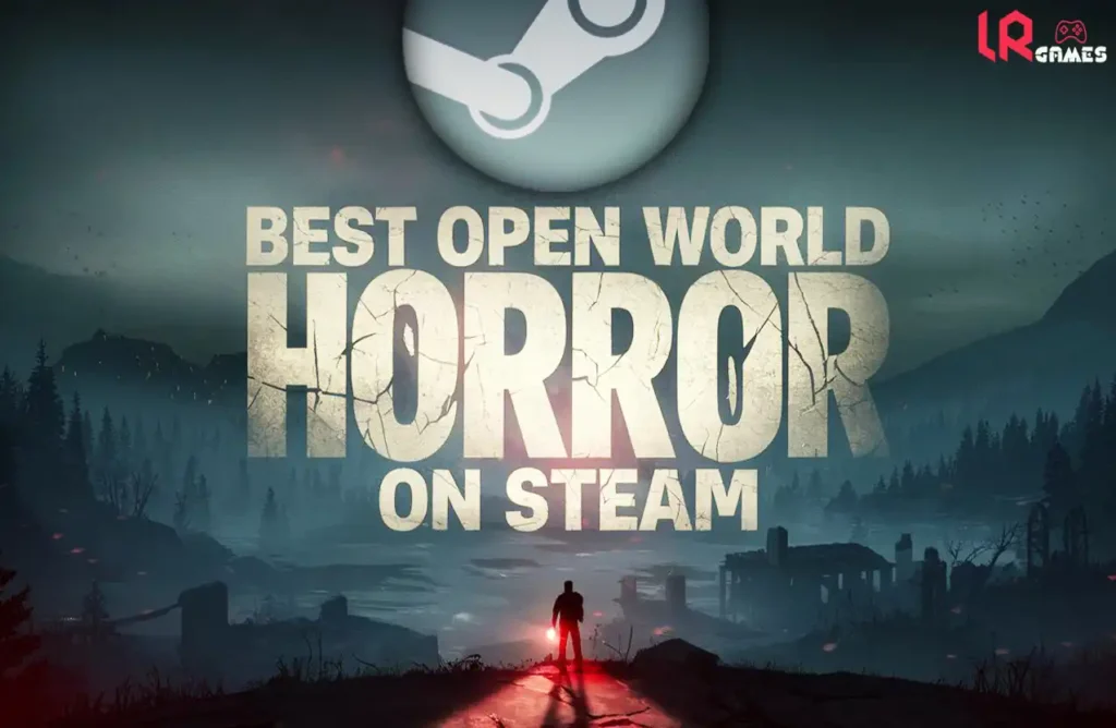 Lone figure with a red flare stands on a hill overlooking a foggy open world of forests and ruins under the title “Best Open World Horror on Steam