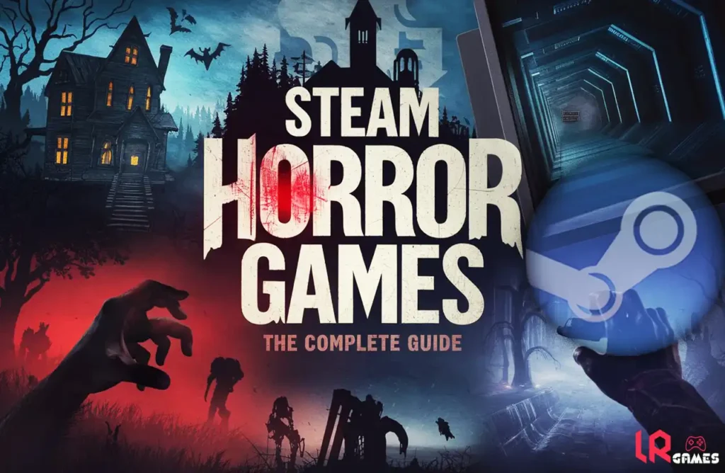 A promotional graphic titled "Steam Horror Games: The Complete Guide" featuring a collage of a haunted house, a zombie hand, a sci-fi corridor, and the Steam logo.