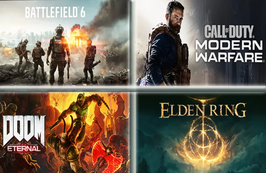 A grid of four video game posters: Battlefield 6, Call of Duty: Modern Warfare, Doom Eternal, and Elden Ring.