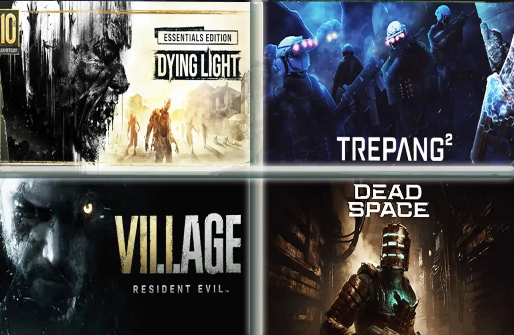 A grid of four video game covers: Dying Light Essentials Edition, Trepang2, Resident Evil Village, and Dead Space.