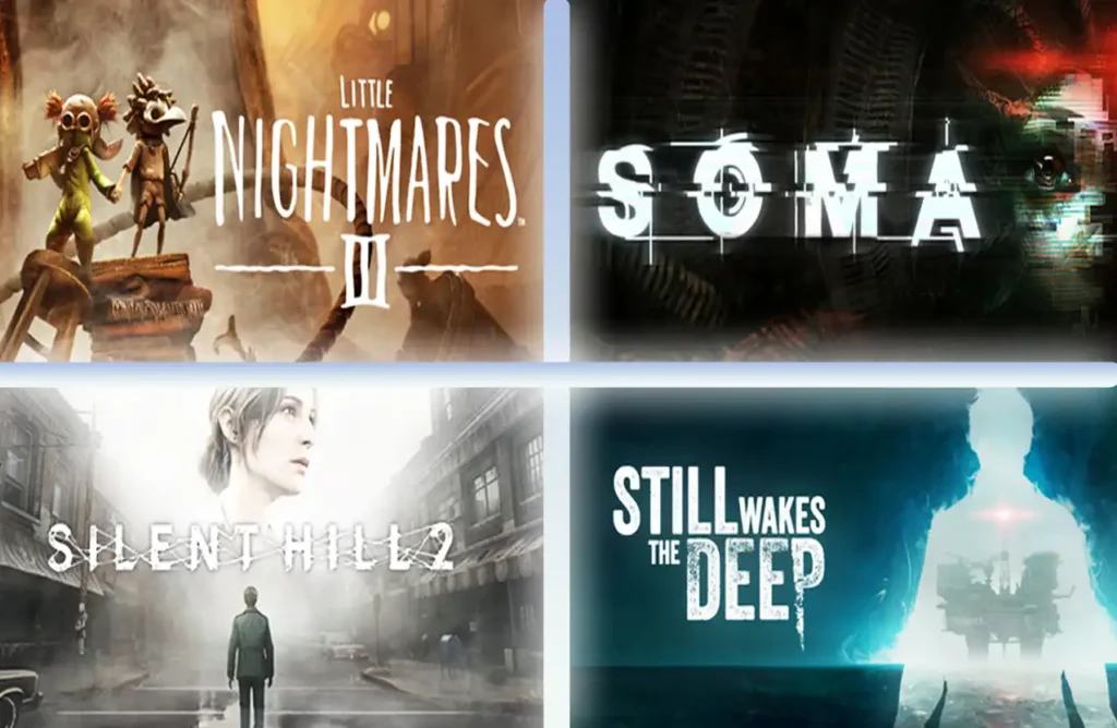 Collage of atmospheric horror games Layers of Fear, Mundaun, The Beast Inside, and The Vanishing of Ethan Carter.