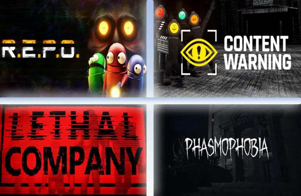 Collage of co‑op horror games Lunch Lady, Escape the Backrooms, Pacify, and Don’t Starve Together