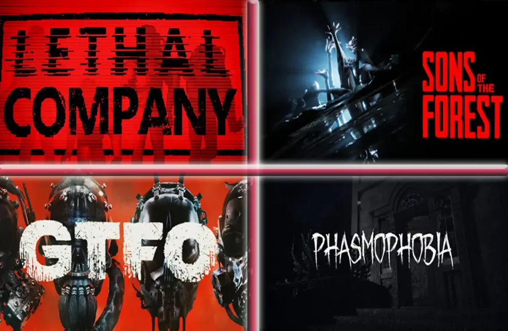 Collage of co‑op horror games Lethal Company, Sons of the Forest, GTFO, and Phasmophobia.