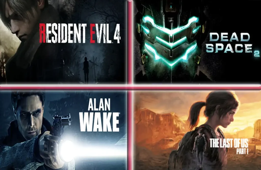 Collage of third-person horror games Resident Evil 4, Dead Space 2, Alan Wake, and The Last of Us Part I.