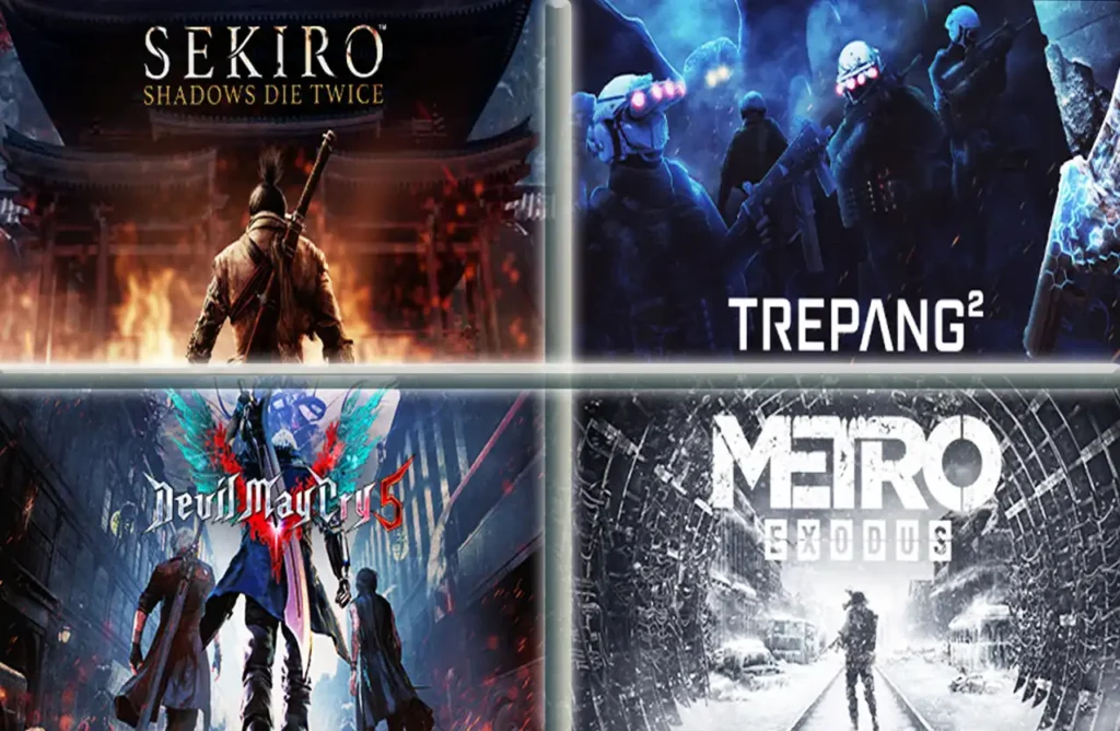 A collage of four game covers including Sekiro: Shadows Die Twice, Trepang2, Devil May Cry 5, and Metro Exodus.