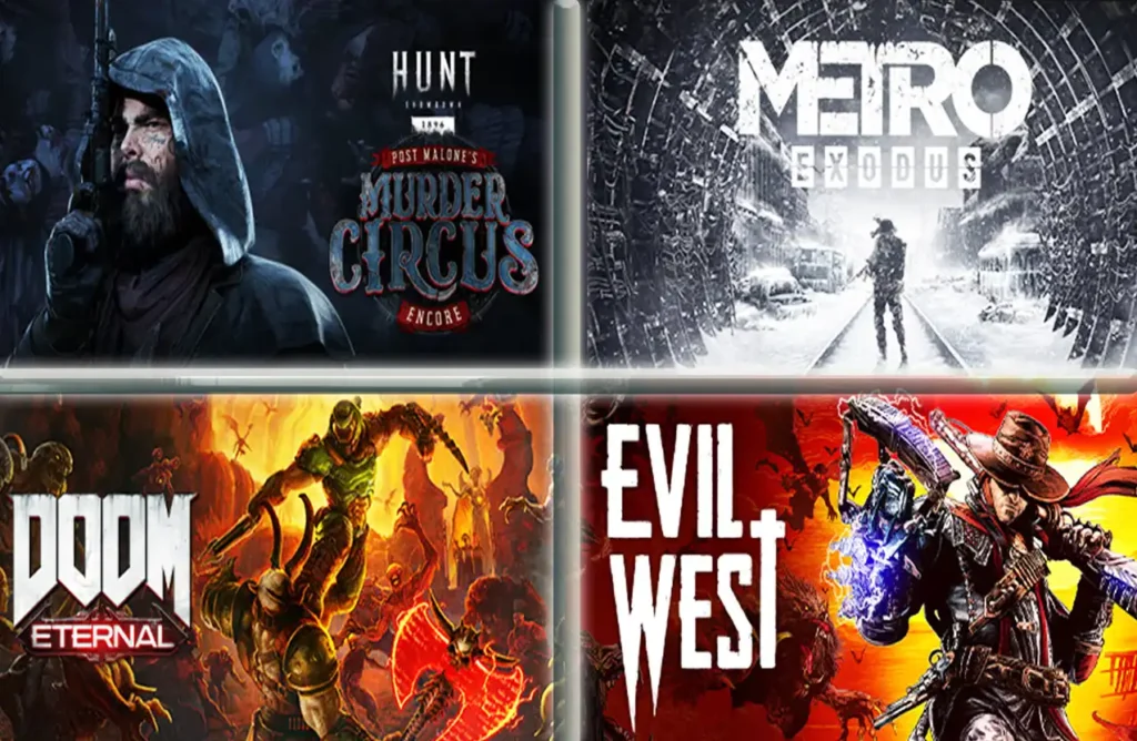 A grid of four video game covers: Hunt Showdown, Metro Exodus, Doom Eternal, and Evil West.