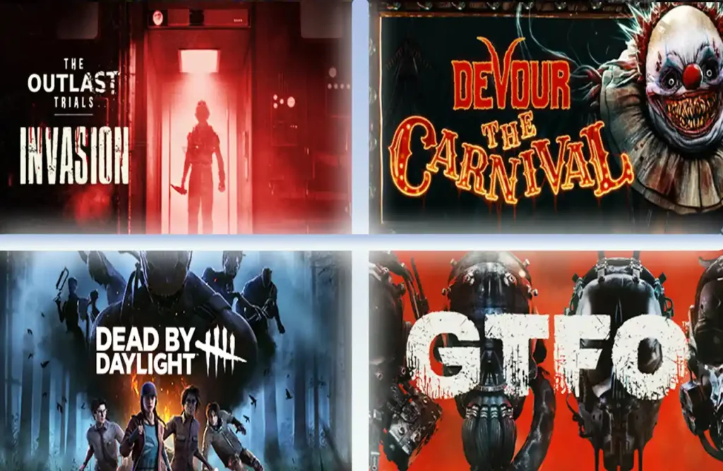 Collage of co‑op horror games The Outlast Trials, Devour: The Carnival, Dead by Daylight, and GTFO.