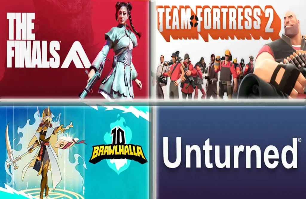 A grid of four video games showing The Finals, Team Fortress 2, Brawlhalla, and Unturned.