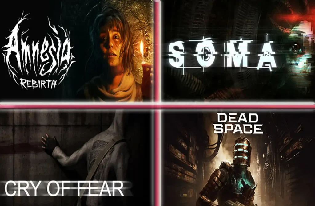 Collage of horror games Amnesia Rebirth, SOMA, Cry of Fear, and Dead Space.
