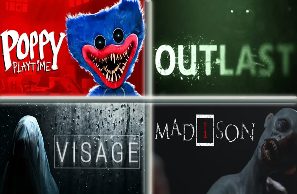 Grid of four horror game covers: Poppy Playtime, Outlast, Visage, and MADiSON.
