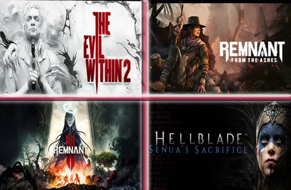 Collage of third-person horror games Dead Space 3, Tormented Souls, Remnant 2, and The Sinking City Remastered.