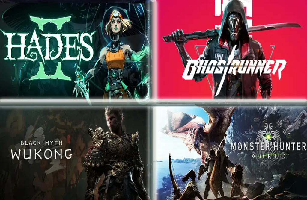 Four game banners showing Hades II, Ghostrunner, Black Myth: Wukong, and Monster Hunter World.