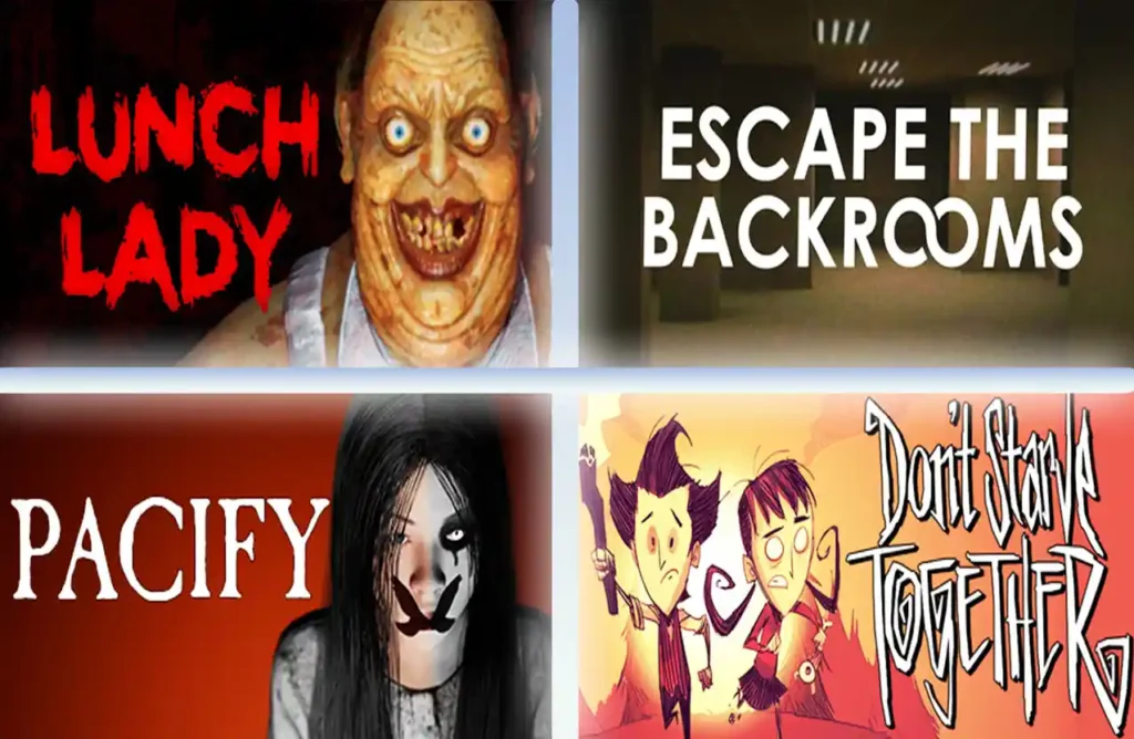 Collage of co‑op horror games R.E.P.O., Content Warning, Lethal Company, and Phasmophobia.