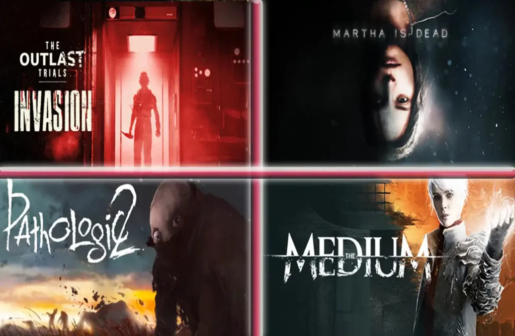 Collage of horror games The Outlast Trials Invasion, Martha Is Dead, Pathologic 2, and The Medium.