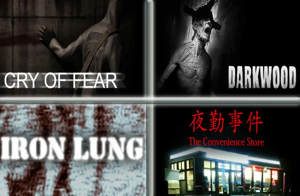 Grid of four horror game covers: Cry of Fear, Darkwood, Iron Lung, and The Convenience Store.