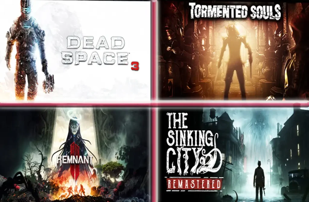 Collage of third-person horror games Dead Space 3, Tormented Souls, Remnant 2, and The Sinking City Remastered.