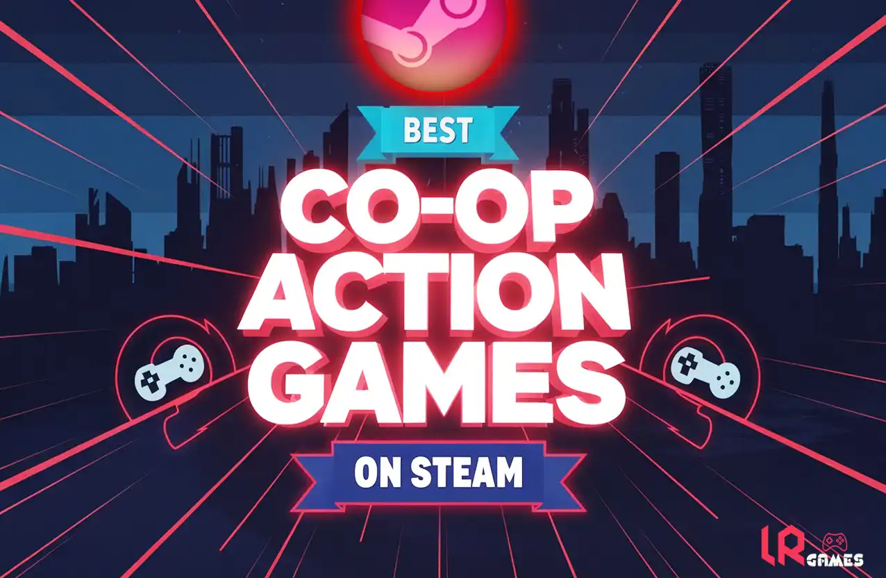Graphic title card reading "Best Co-op Action Games on Steam" with neon lines and controller icons.
