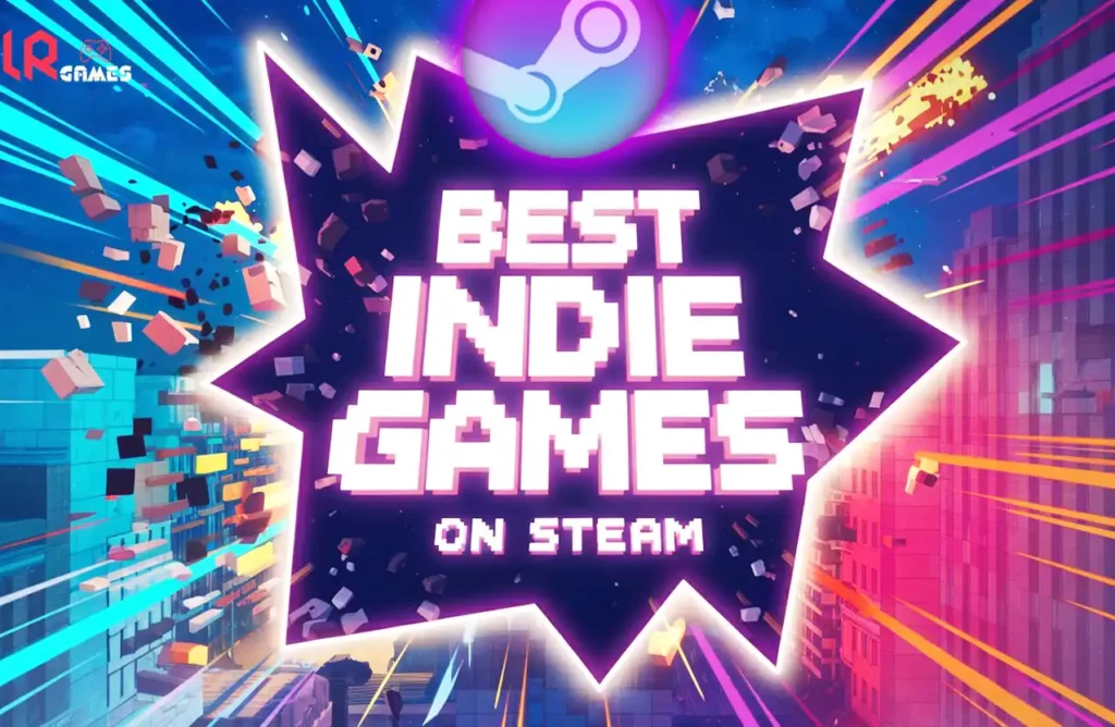A colorful graphic text overlay reading "Best Indie Games on Steam" against a pixelated city background with the Steam logo at the top.