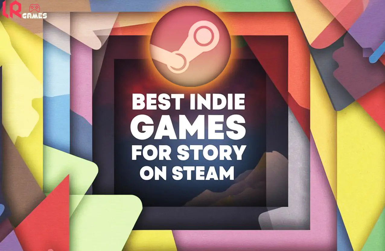 Best Indie Games for Story on Steam" title graphic framed by colorful paper-cut shapes