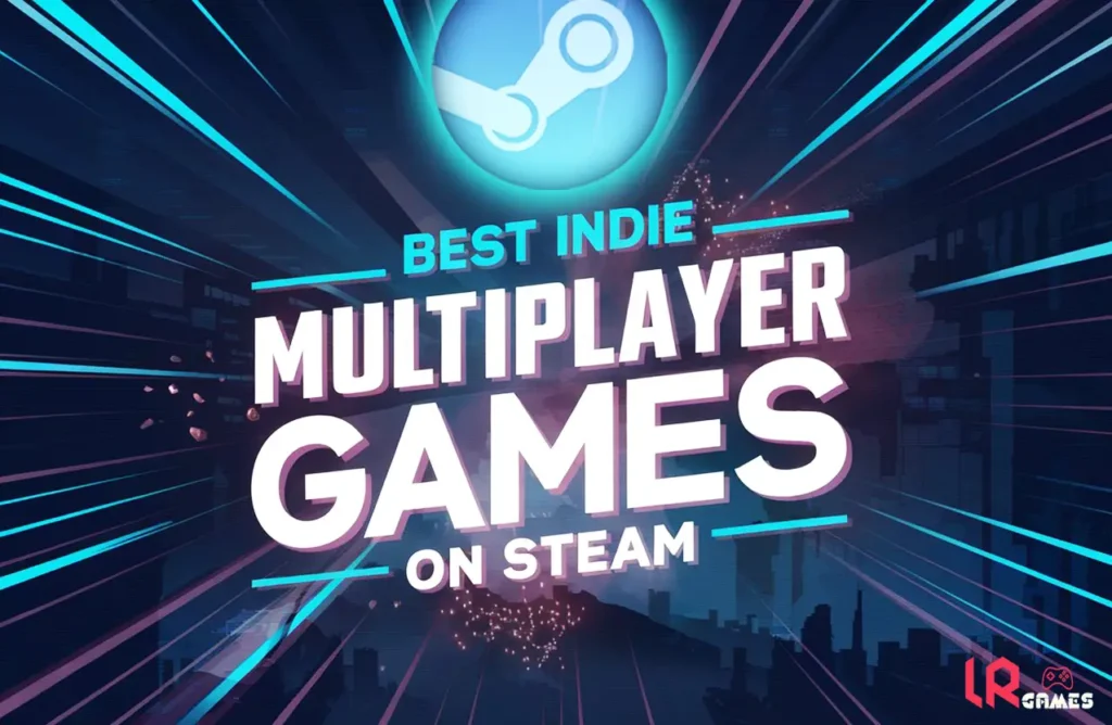 A digital graphic featuring the Steam logo and large text reading "Best Indie Multiplayer Games on Steam" against a dark blue abstract background.