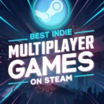 A digital graphic featuring the Steam logo and large text reading "Best Indie Multiplayer Games on Steam" against a dark blue abstract background.