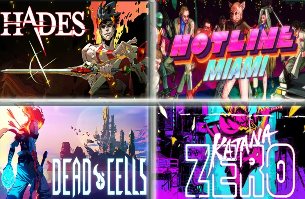 A grid of four game covers: Hades, Hotline Miami, Dead Cells, and Katana Zero.