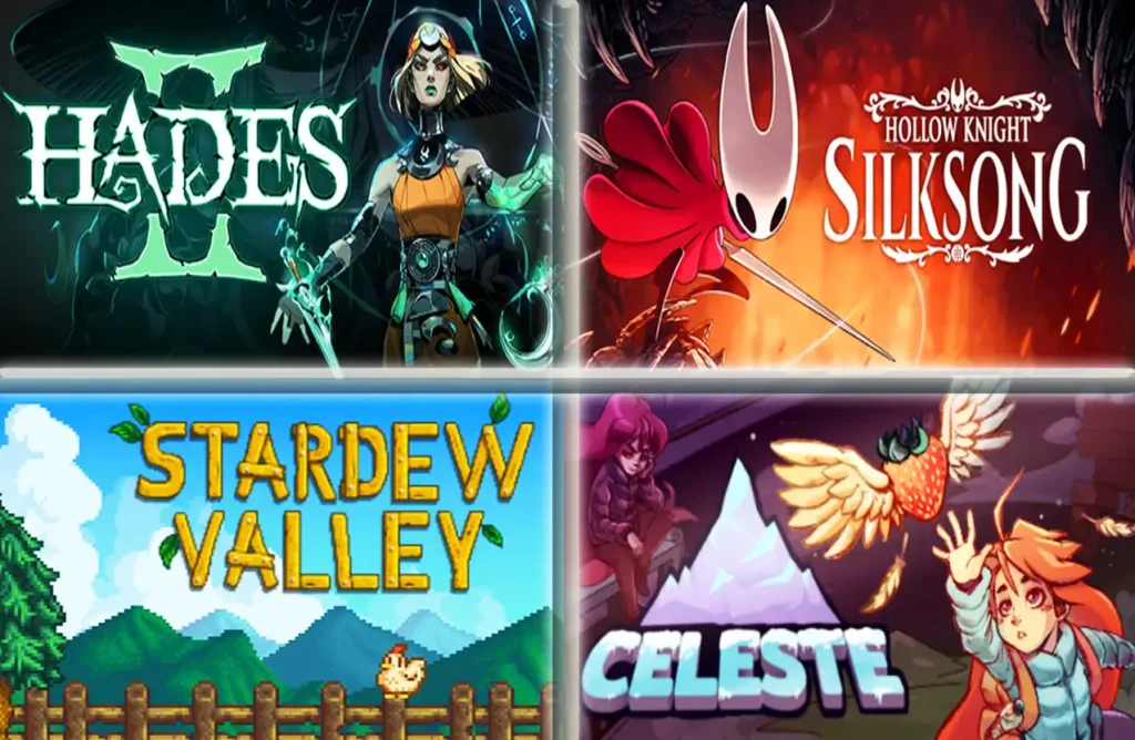 A collage of four indie game covers: Hades II, Hollow Knight Silksong, Stardew Valley, and Celeste.