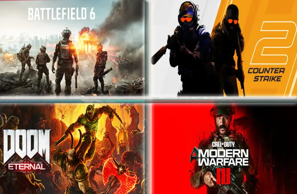 Promotional art for Battlefield 6, Counter-Strike 2, Doom Eternal, and Call of Duty Modern Warfare III.