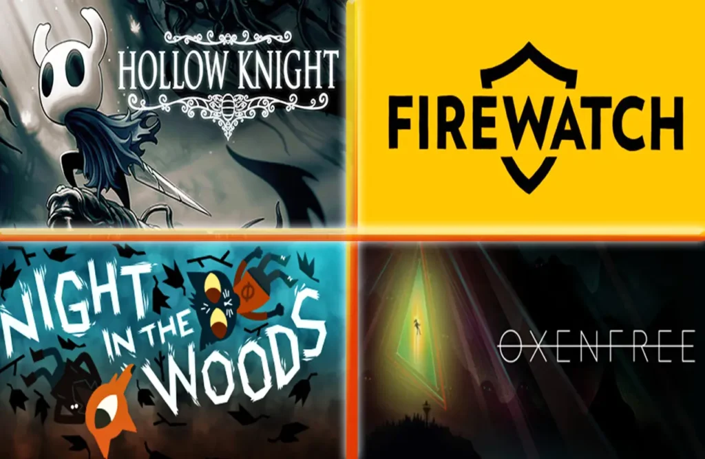 A collage of four video game covers: Hollow Knight, Firewatch, Night in the Woods, and Oxenfree.
