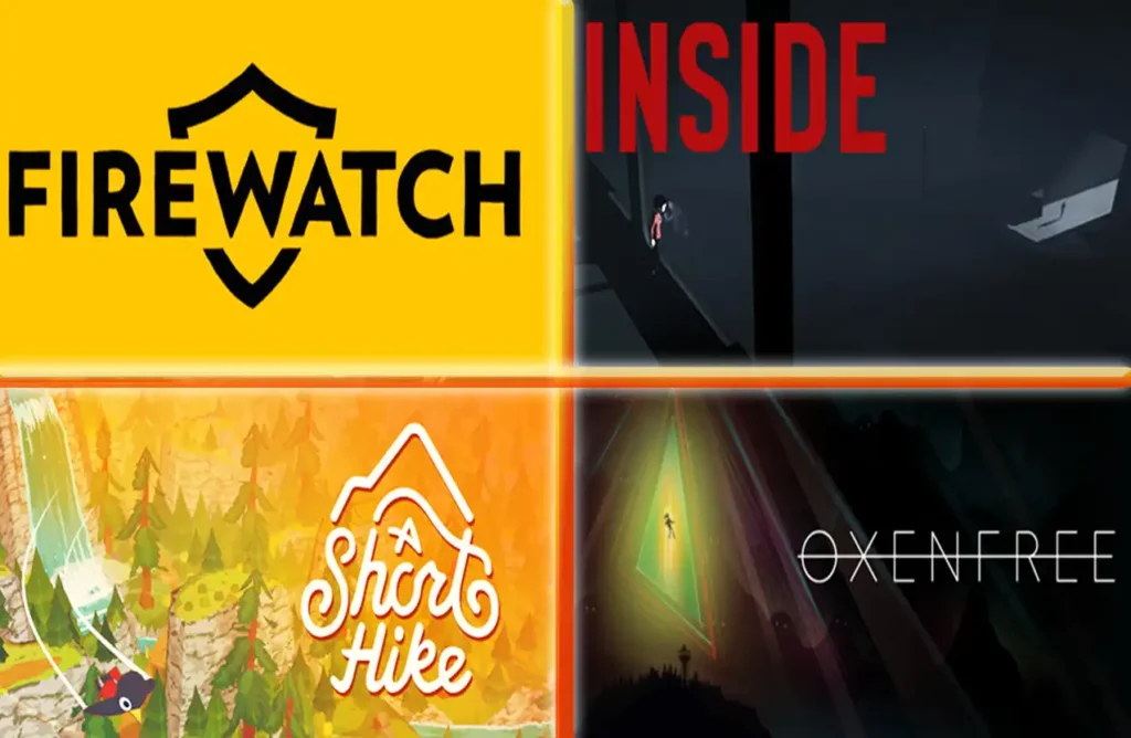 A collage of four game covers: Firewatch, Inside, A Short Hike, and Oxenfree.